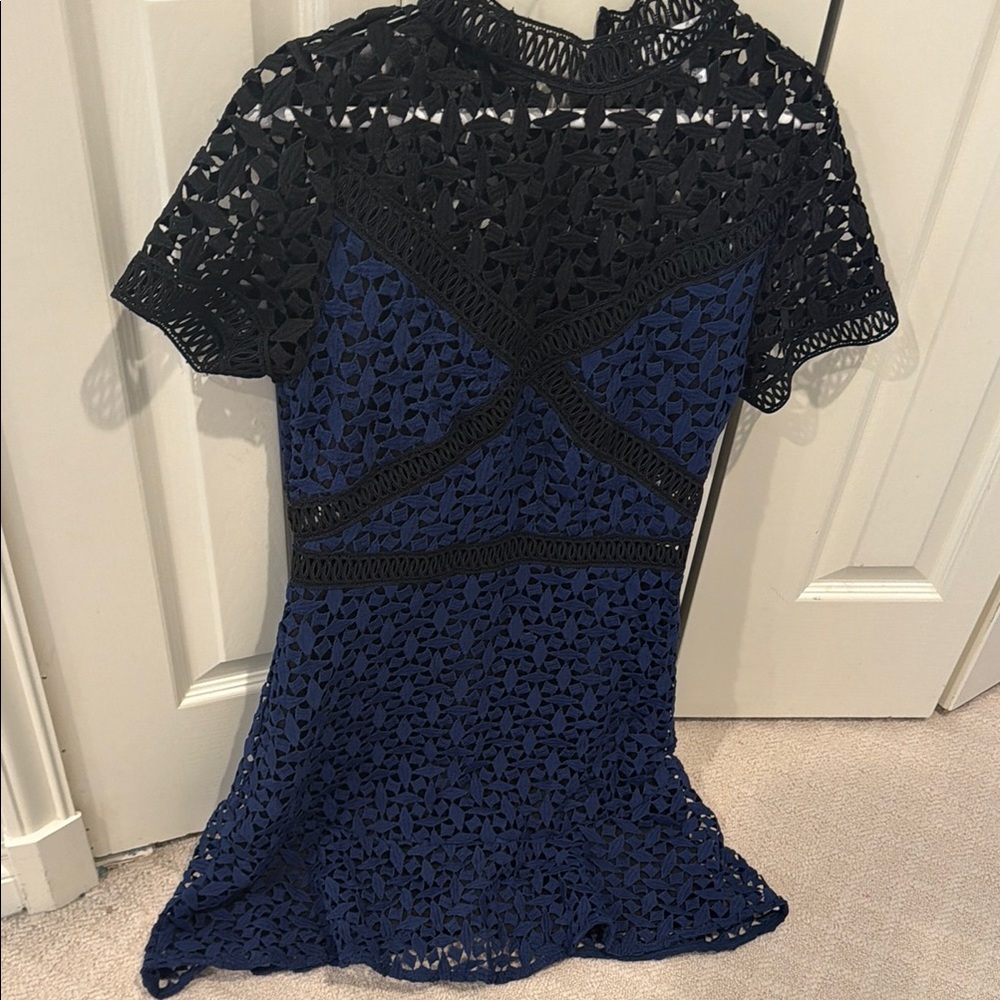 Navy Crochet Lace Dress with Black Trim